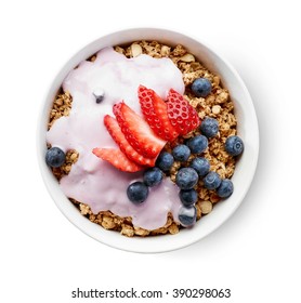 Bowl Of Granola With Yogurt And Berries Isolated On White Background, Top View