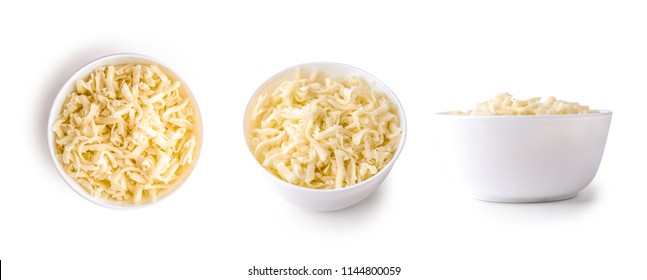 Bowl Of Grated Mozzarella Cheese Isolated On White Background