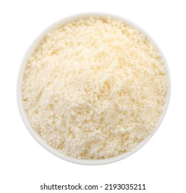 Bowl With Grated Parmesan Cheese Isolated On White, Top View