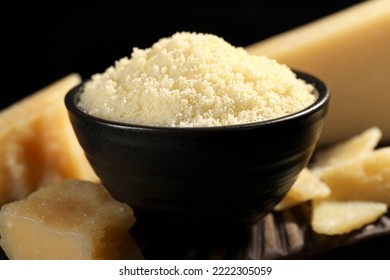 Bowl With Grated Parmesan Cheese On Table, Closeup