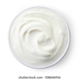 Bowl of greek yogurt isolated on white background from top view