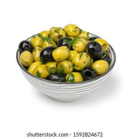 Bowl with green and black pitted olives seasoned with fresh herbs isolated on white background - Powered by Shutterstock