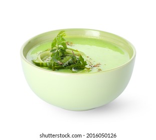 Bowl With Green Gazpacho On White Background