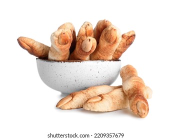 Bowl With Halloween Cookies On White Background