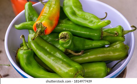 Bowl Of Hatch Green Chili Peppers Ready To Be Roasted