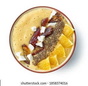 Bowl Of Healthy Breakfast Smoothie Isolated On White Background, Top View