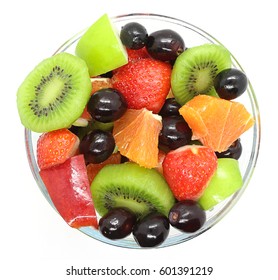 Bowl Of Healthy Fresh Fruit Salad On White Background. Top View.