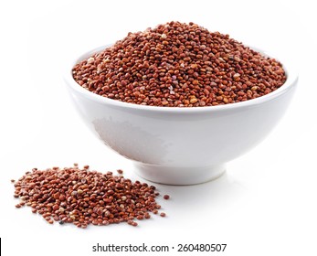 Bowl Of Healthy Red Quinoa Seeds Isolated On White