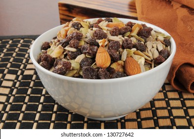 A Bowl Of Healthy Trail Mix With Nuts And Raisins