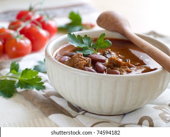 A Bowl Of Homemade Chili Kidney Bean Soup With Meat