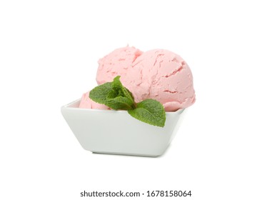 Bowl With Ice Cream And Mint Isolated On White Background