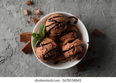 Bowl With Ice Cream On Grey Background, Top View