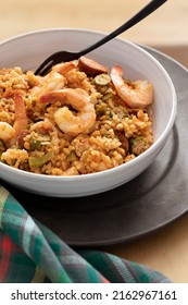 Bowl Of Jambalaya With Shrimp, Chicken, Sausage And Rice