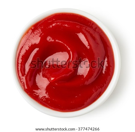 Bowl of ketchup or tomato sauce isolated  on white background, top view