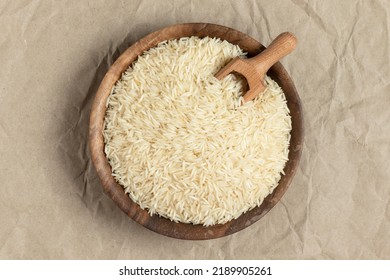 A Bowl Of Long Grain Rice. Top View.