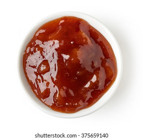 Bowl Of Mango Chutney On White Background, Top View