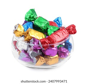 Bowl with many tasty candies in colorful wrappers isolated on white - Powered by Shutterstock