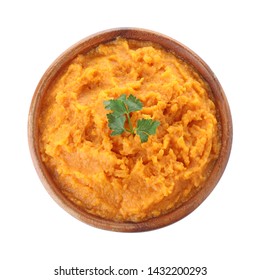 Bowl With Mashed Sweet Potatoes On White Background, Top View