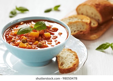 Bowl Of Minestrone Soup With Bread