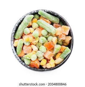 Bowl With Mix Of Frozen Vegetables On White Background