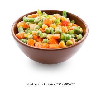 Bowl With Mix Of Frozen Vegetables On White Background