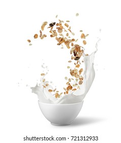 bowl of muesli with milk splash isolated on white - Shutterstock ID 721312933