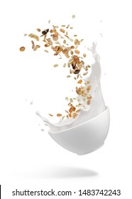 bowl of muesli with milk splashing isolated on white - Shutterstock ID 1483742243