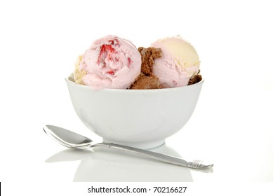 A Bowl Of Neapolitan Ice Cream On White