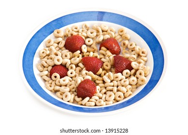 A Bowl Of Oat O Cereal With Milk And Strawberries - Breakfast.  On White Background