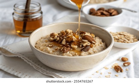 A bowl of oatmeal drizzled with honey and topped with nuts, placed on a white tablecloth - Powered by Shutterstock