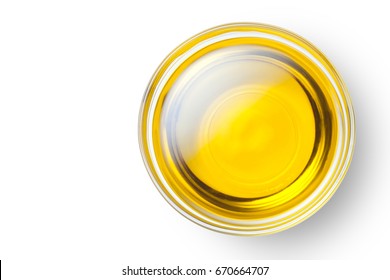 A Bowl Of Olive Oil Isolated On White Background. Top View.