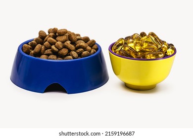 Bowl Of Omega 3 Pills With Dog Or Cat Food , Vitamin Supplement Prevents And Controls Allergies And Inflammation, Natural Antioxidant, Regulates Hormones, Copyspace