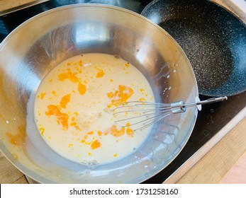 A Bowl With Pancake Mixture Of Egg And Flour, Whisk. Closeup. 