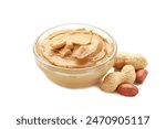 Bowl of peanut butter and peanuts isolated on white background. Top view