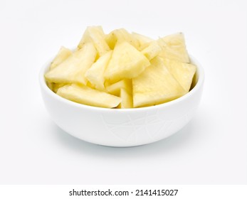 A Bowl Of Pineapple Chunks On A White Background