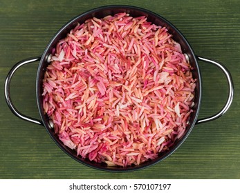 Bowl Of Pink Coloured Authentic Indian Style Basmati Pilau Rice Food, Served In A Bowl, Ready To Eat, With No People