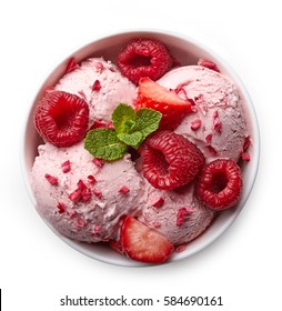 Bowl Of Pink Strawberry Ice Cream And Fresh Berries Isolated On White Background. From Top View