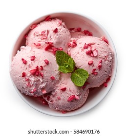 Bowl Of Pink Strawberry Ice Cream Isolated On White Background. From Top View