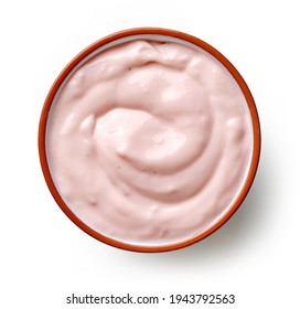 Bowl Of Pink Strawberry Yogurt Isolated On White Background, Top View