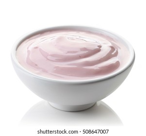 Bowl Of Pink Strawberry Yogurt Isolated On White Background