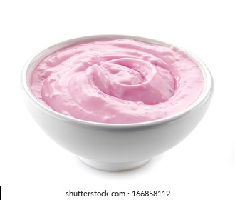 Bowl Of Pink Yogurt Isolated On A White Background