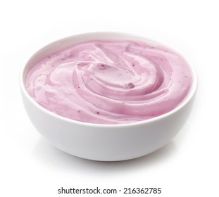 Bowl Of Pink Yogurt Isolated On A White Background