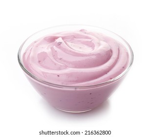 Bowl Of Pink Yogurt Isolated On A White Background