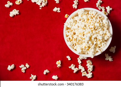 bowl with popcorn on red background. mock up. top view. - Powered by Shutterstock