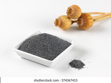 bowl of poppy seeds and poppy heads on white background