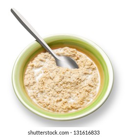 Bowl Of Porridge Oats With Spoon, Isolated On White With Path