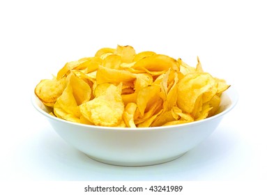 Bowl Of Potato Chips Isolated On White Background