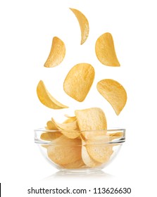 Bowl of potato chips isolayed on white