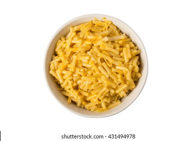 A Bowl Of Prepared Boxed Macaroni And Cheese Isolated On White.