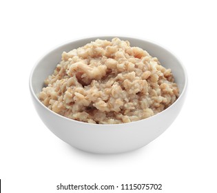 Bowl With Prepared Oatmeal On White Background